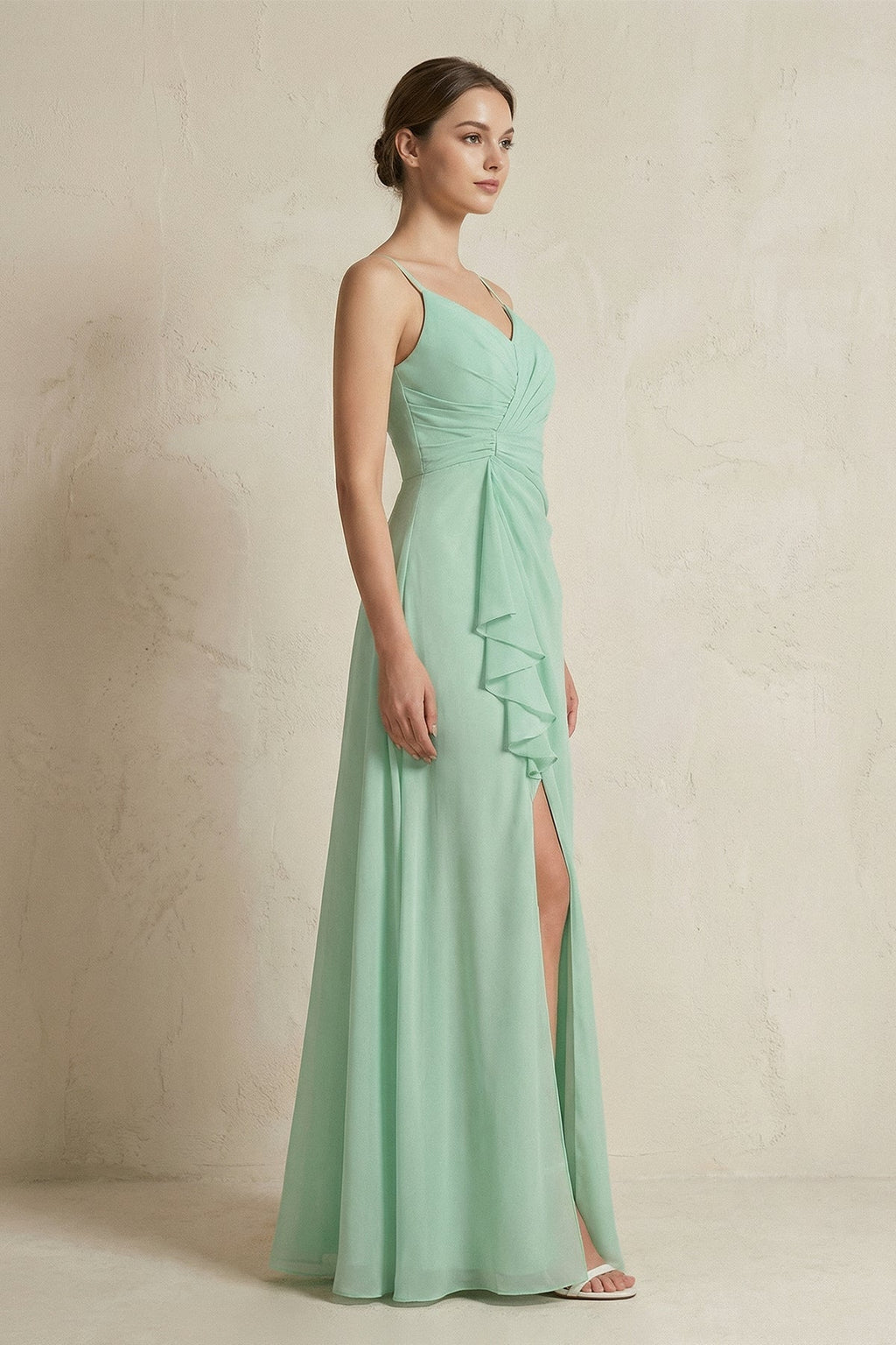 A-Line Ruffled Spaghetti Strap Chiffon Bridesmaid Dress in Pale Pistachio - Curvevia