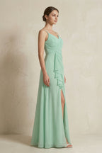 A-Line Ruffled Spaghetti Strap Chiffon Bridesmaid Dress in Pale Pistachio - Curvevia