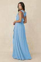 Ruffled V-Neck A-Line Chiffon Bridesmaid Dress in Steel Blue - Curvevia