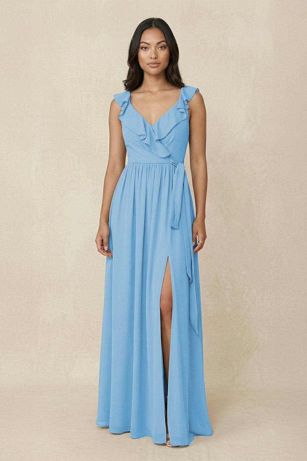 Ruffled V-Neck A-Line Chiffon Bridesmaid Dress in Steel Blue - Curvevia