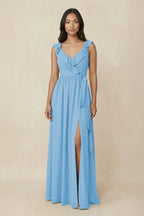 Ruffled V-Neck A-Line Chiffon Bridesmaid Dress in Steel Blue - Curvevia