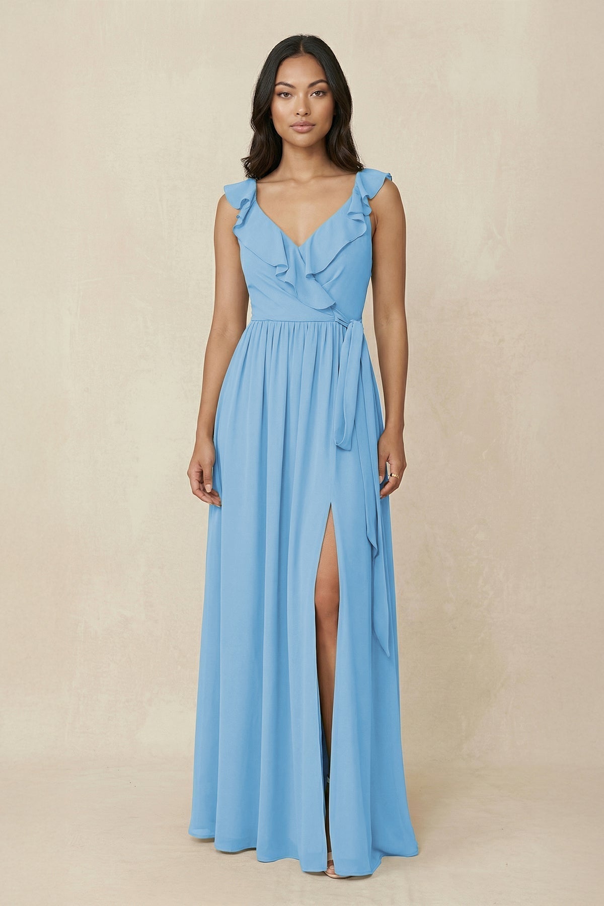 Ruffled V-Neck A-Line Chiffon Bridesmaid Dress in Steel Blue - Curvevia