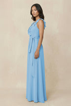 Ruffled V-Neck A-Line Chiffon Bridesmaid Dress in Steel Blue - Curvevia