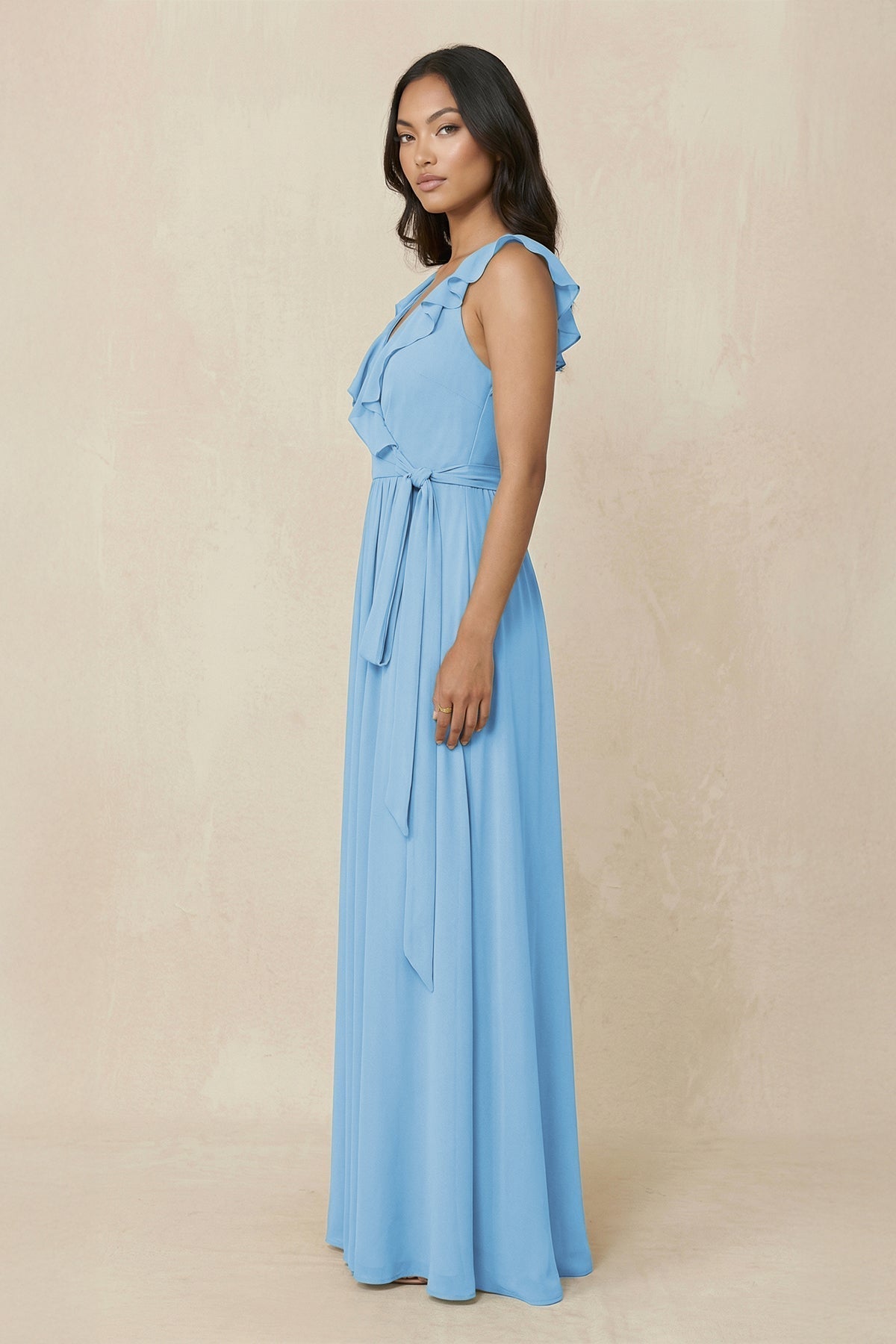 Ruffled V-Neck A-Line Chiffon Bridesmaid Dress in Steel Blue - Curvevia