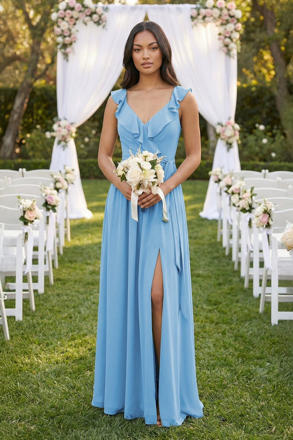 Ruffled V-Neck A-Line Chiffon Bridesmaid Dress in Steel Blue - Curvevia
