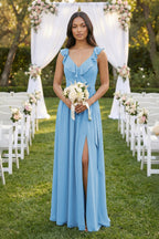 Ruffled V-Neck A-Line Chiffon Bridesmaid Dress in Steel Blue - Curvevia
