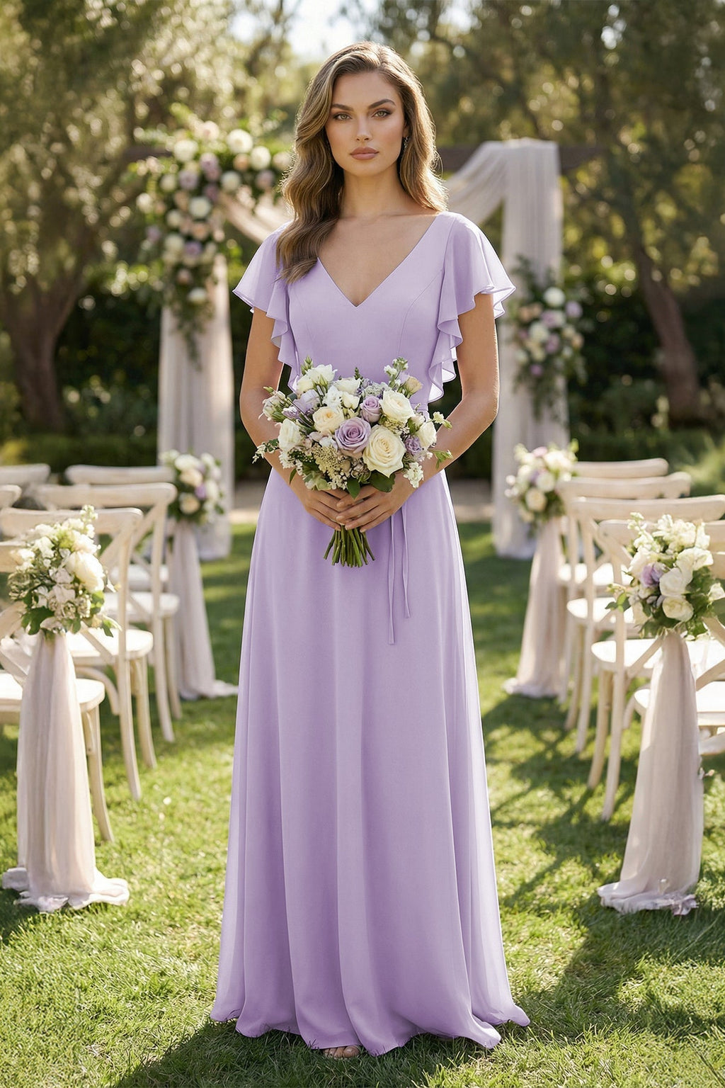 Ruffled V-Neck Chiffon A-Line Bridesmaid Dress in Lavender - Curvevia