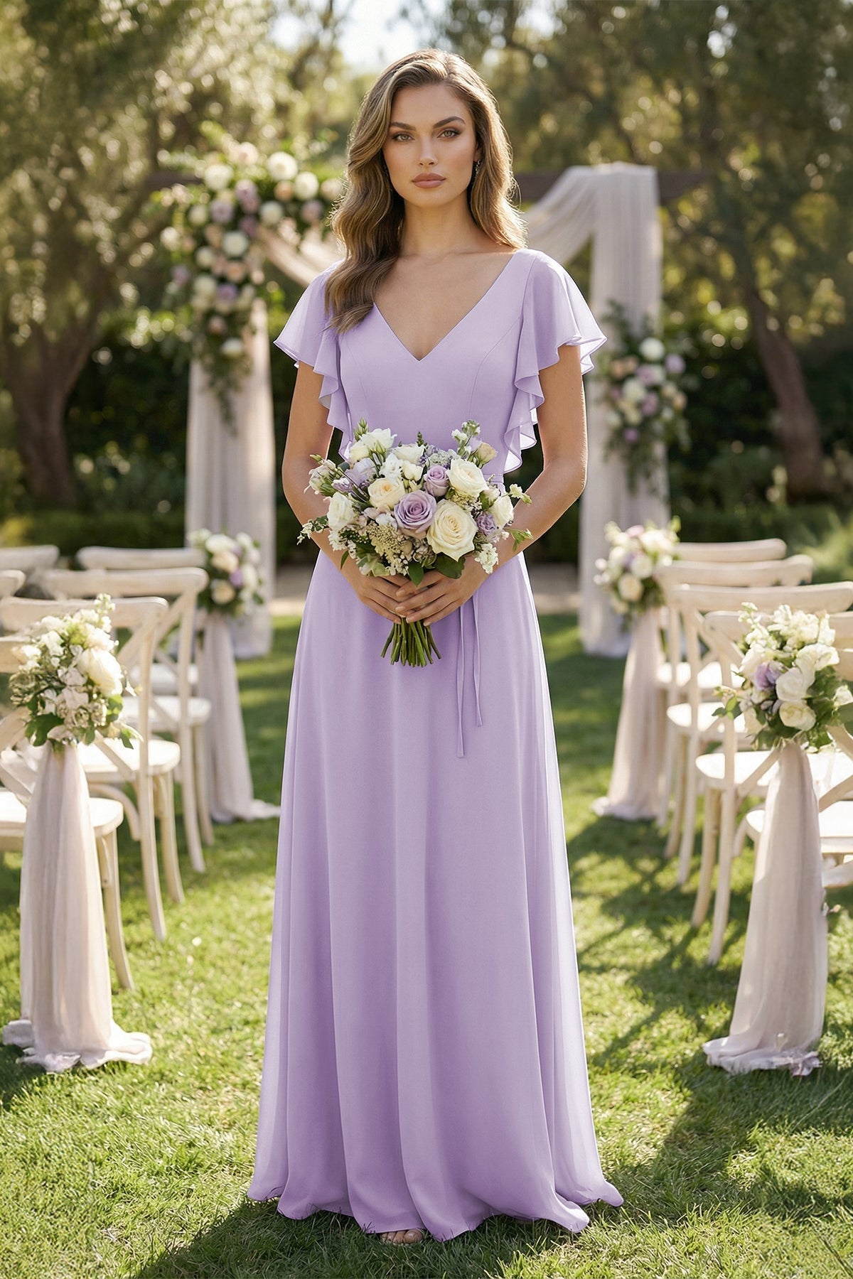 Ruffled V-Neck Chiffon A-Line Bridesmaid Dress in Lavender - Curvevia