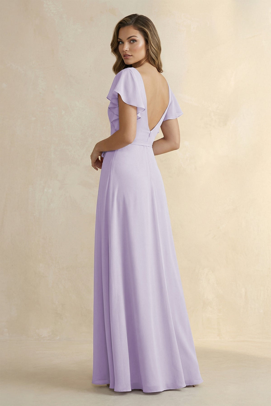 Ruffled V-Neck Chiffon A-Line Bridesmaid Dress in Lavender - Curvevia