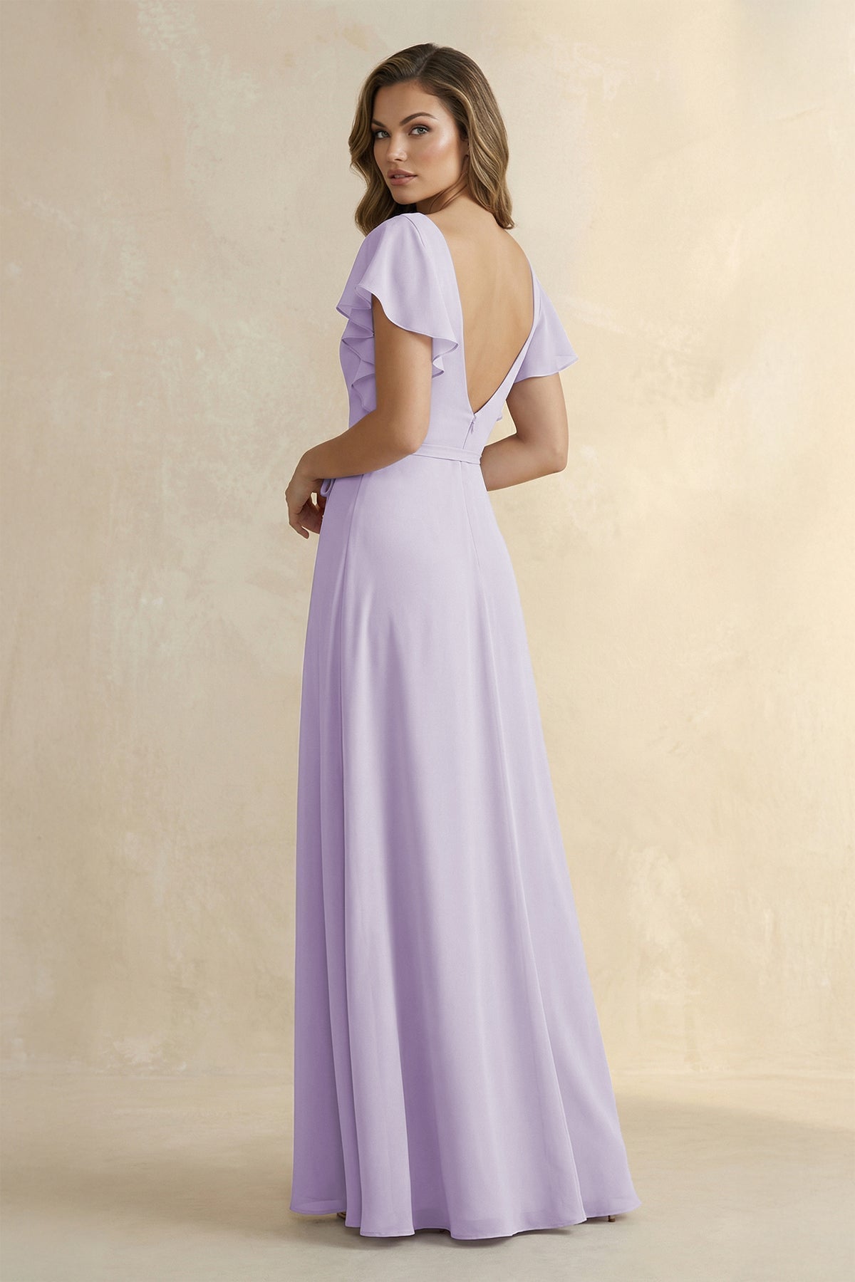 Ruffled V-Neck Chiffon A-Line Bridesmaid Dress in Lavender - Curvevia