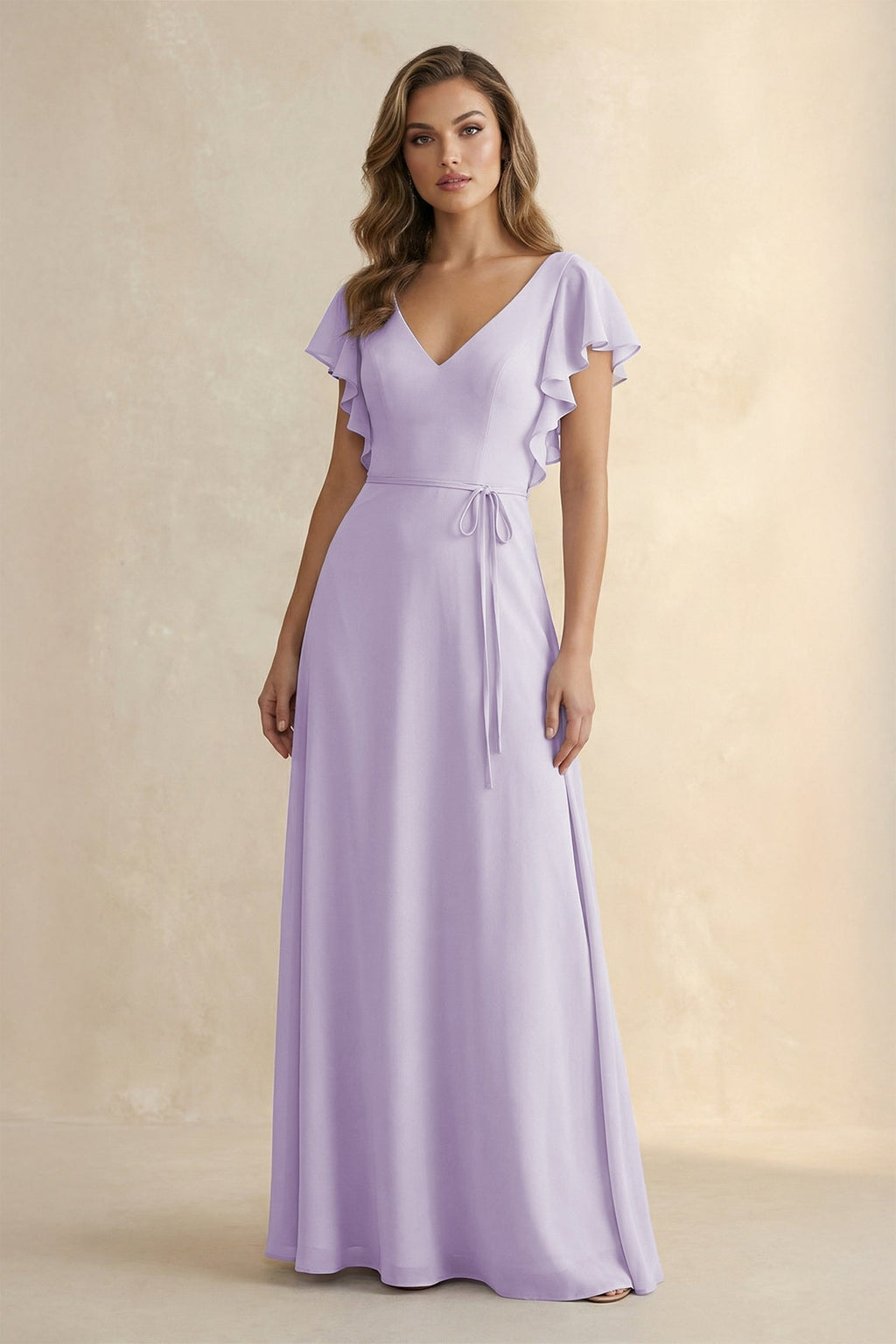 Ruffled V-Neck Chiffon A-Line Bridesmaid Dress in Lavender - Curvevia