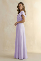 Ruffled V-Neck Chiffon A-Line Bridesmaid Dress in Lavender - Curvevia