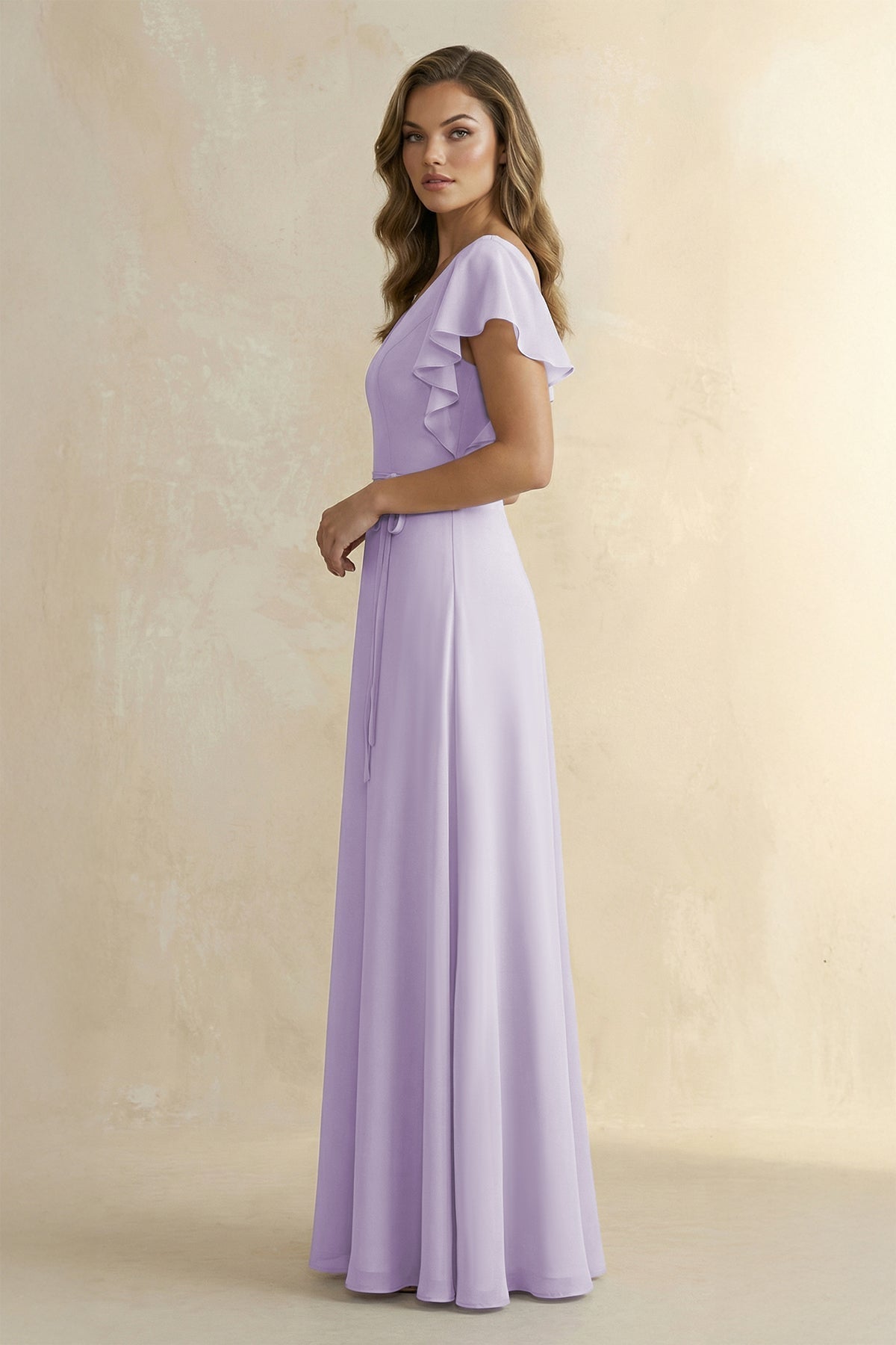 Ruffled V-Neck Chiffon A-Line Bridesmaid Dress in Lavender - Curvevia
