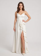 White Satin A-Line V-Neck Back Zip Floor-Length Dress with High Front Split - Curvevia