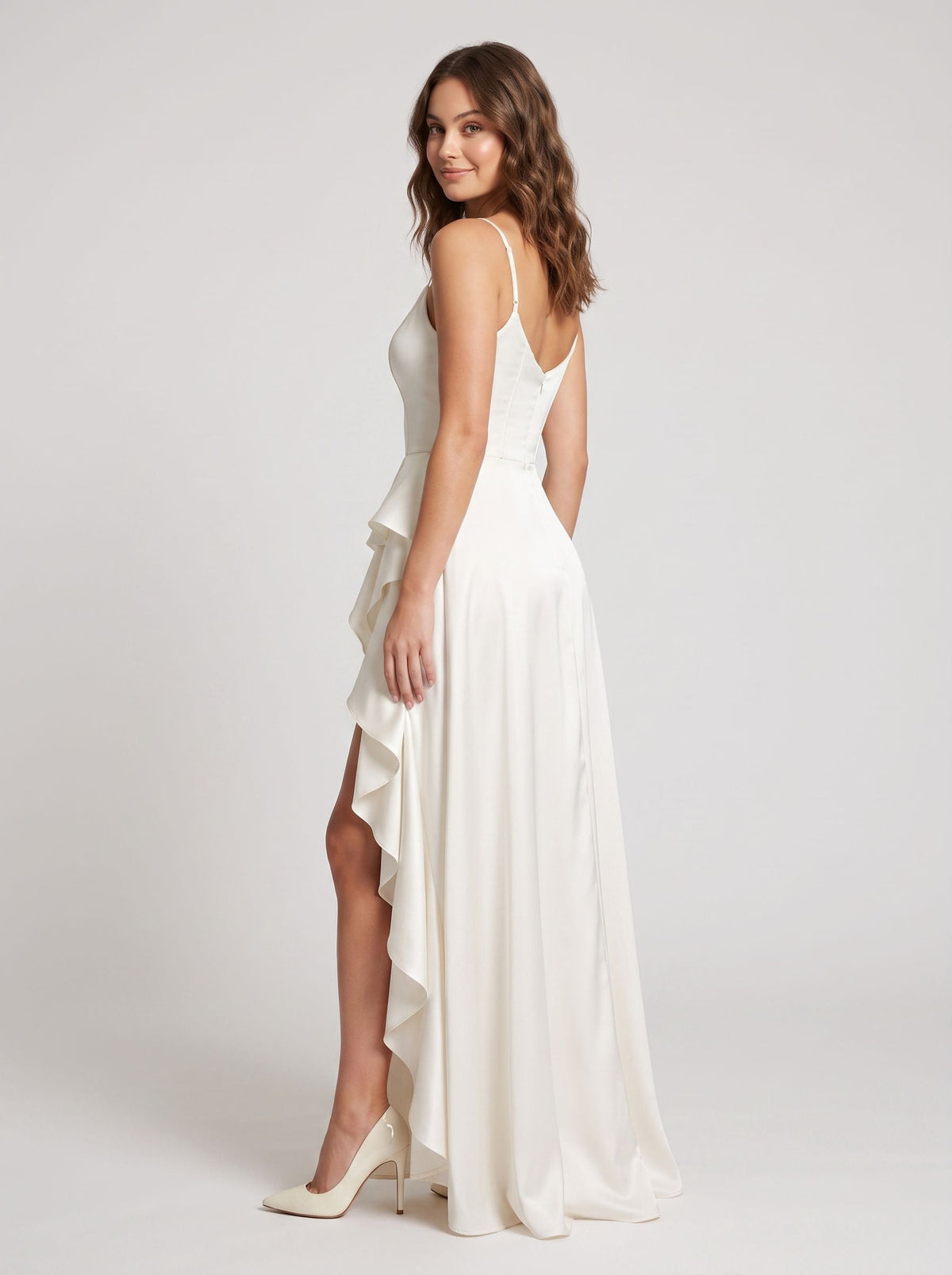 White Satin A-Line V-Neck Back Zip Floor-Length Dress with High Front Split - Curvevia