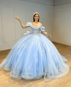 Sky Blue Tulle Off-the-Shoulder Quinceanera Dresses with Bows - Curvevia