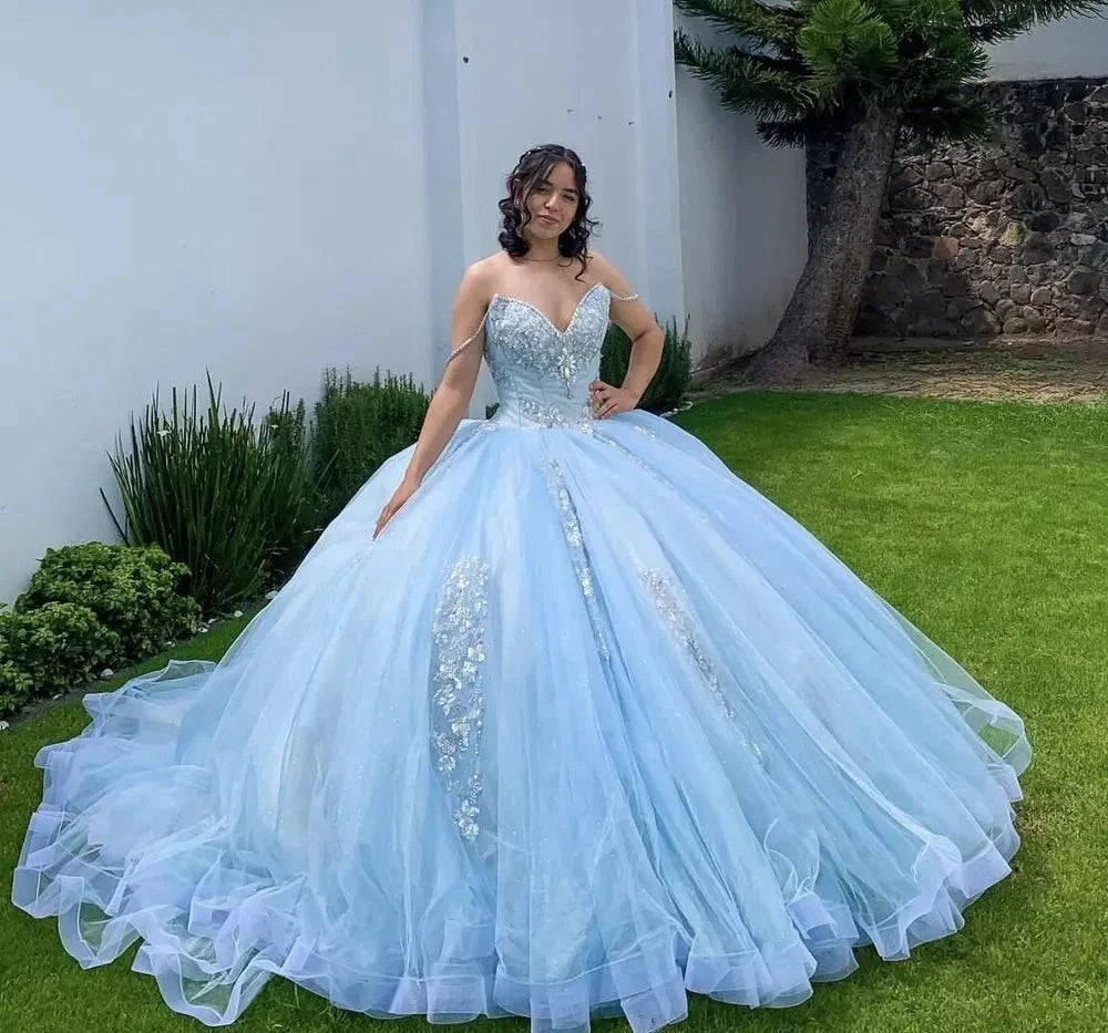 Sky Blue Quinceanera Dresses Off the Shoulder Beaded Lace Appliques - Curvevia