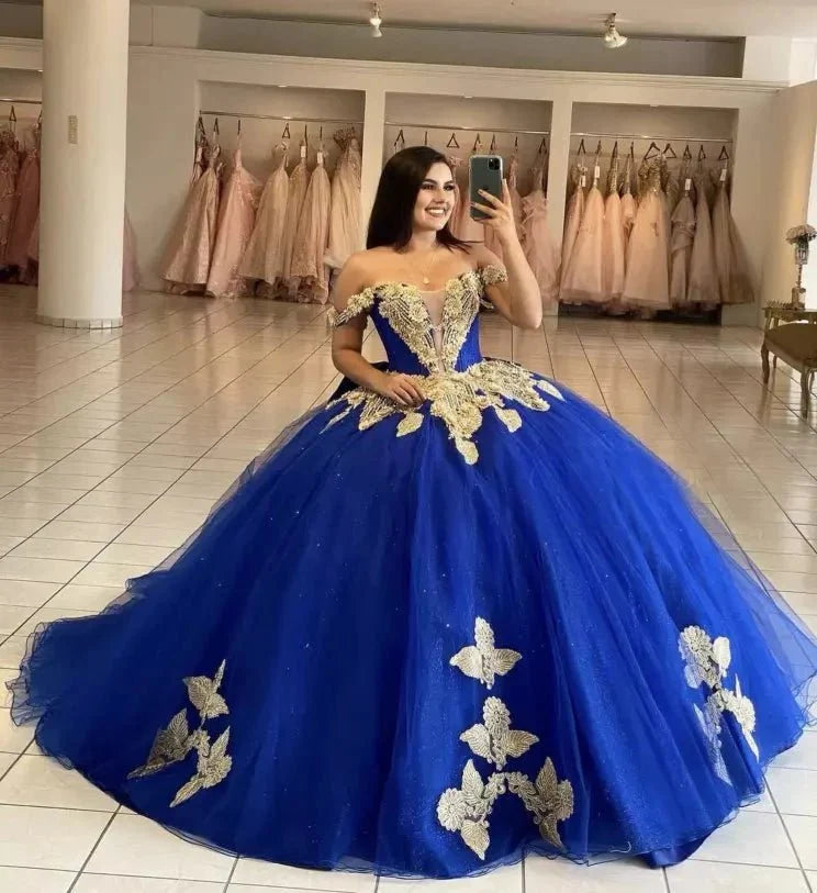 Royal Blue Off the Shoulder Quinceanera Dresses with Appliques - Curvevia