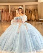 Sky Blue Quinceanera Dresses with 3D Flowers and Half Sleeve - Curvevia