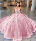 Sky Blue Ball-Gown Tulle 3D Flowers Sweetheart Quinceanera Dresses - Curvevia