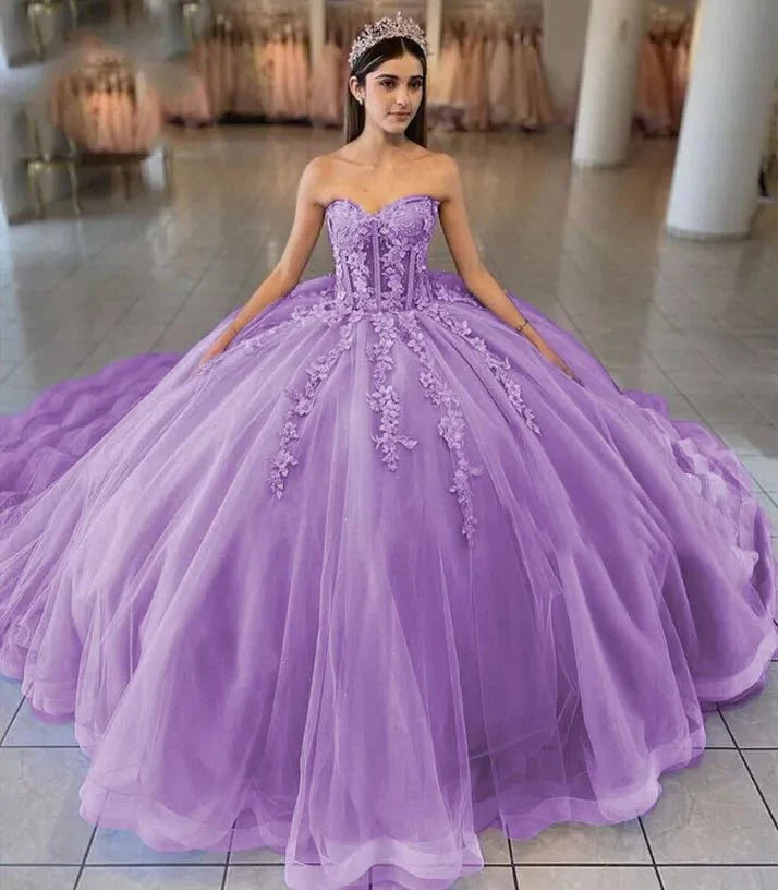 Sky Blue Ball-Gown Tulle 3D Flowers Sweetheart Quinceanera Dresses - Curvevia