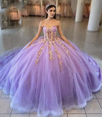 Sky Blue Ball-Gown Tulle 3D Flowers Sweetheart Quinceanera Dresses - Curvevia
