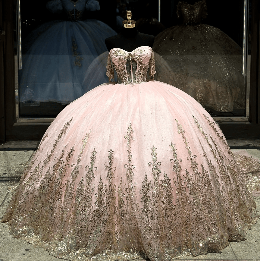 Pink Ball Gown Tulle Off-the-Shoulder Quinceanera Dress with Sequins - Curvevia
