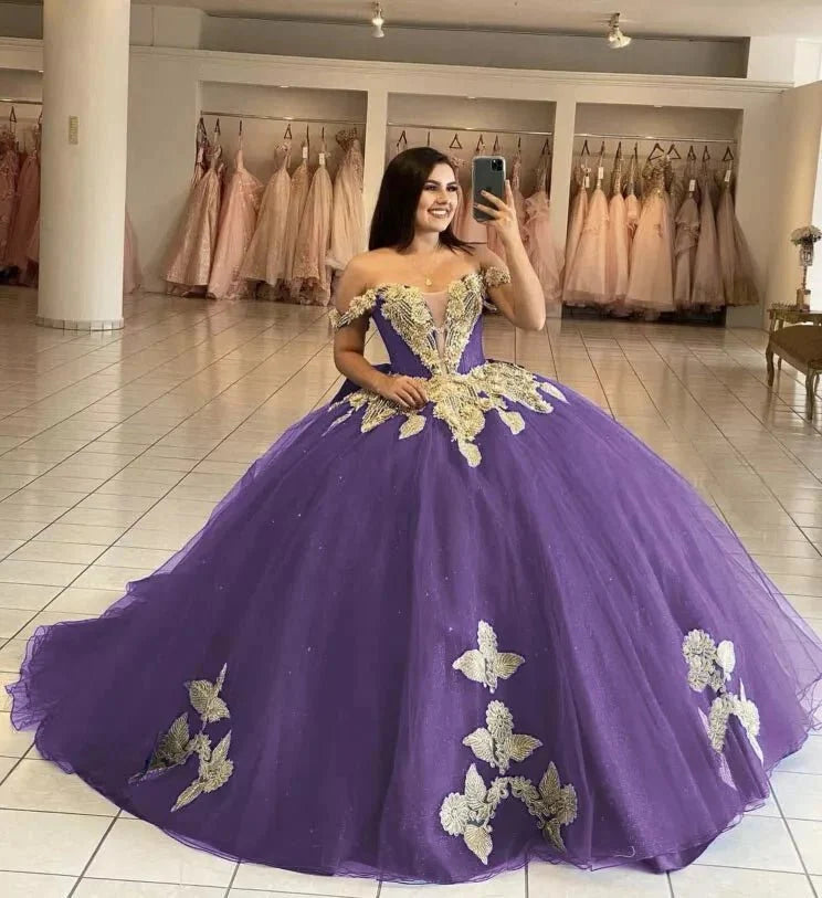Royal Blue Off the Shoulder Quinceanera Dresses with Appliques - Curvevia