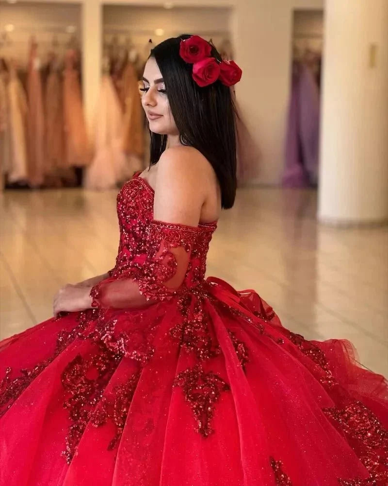 Red Sweetheart Quinceanera Dresses with Long Sleeves - Curvevia