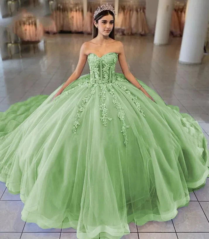 Sky Blue Ball-Gown Tulle 3D Flowers Sweetheart Quinceanera Dresses - Curvevia