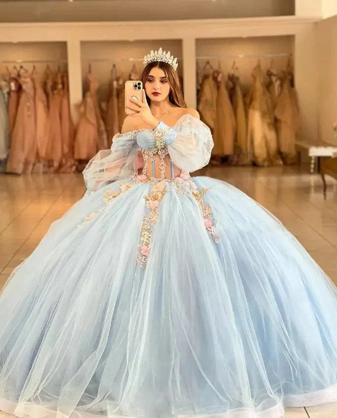 Sky Blue Quinceanera Dresses with 3D Flowers and Half Sleeve - Curvevia