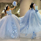 Sky Blue Tulle Ball-Gown Strapless Sleeveless Quinceanera Dresses - Curvevia