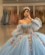 Sky Blue Quinceanera Dresses with 3D Flowers and Half Sleeve - Curvevia