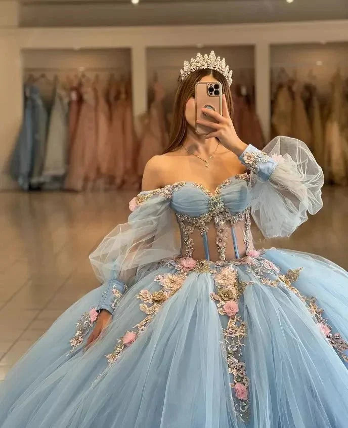 Sky Blue Quinceanera Dresses with 3D Flowers and Half Sleeve - Curvevia
