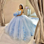 Sky Blue Tulle Ball-Gown Strapless Sleeveless Quinceanera Dresses - Curvevia