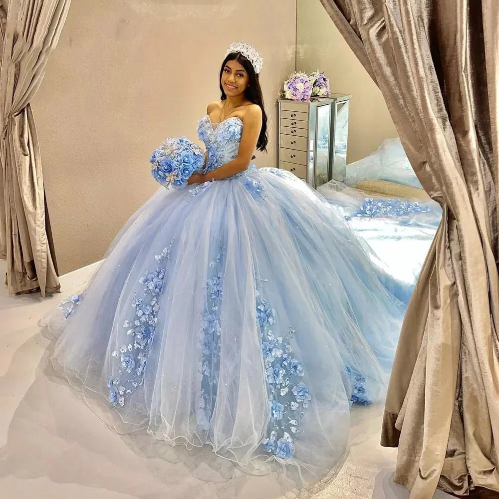 Sky Blue Tulle Ball-Gown Strapless Sleeveless Quinceanera Dresses - Curvevia