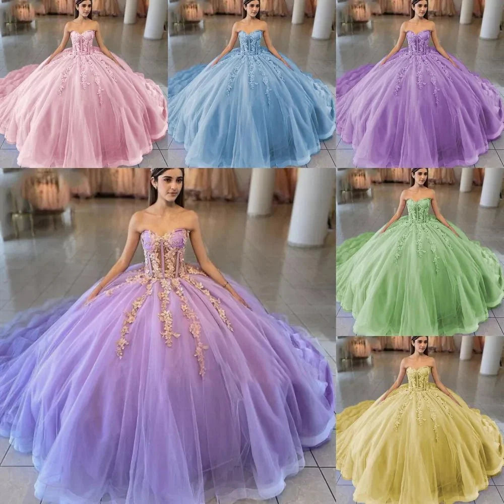Sky Blue Ball-Gown Tulle 3D Flowers Sweetheart Quinceanera Dresses - Curvevia
