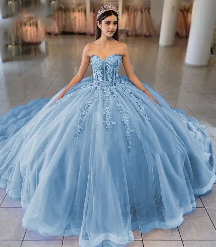 Sky Blue Ball-Gown Tulle 3D Flowers Sweetheart Quinceanera Dresses - Curvevia