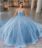 Sky Blue Ball-Gown Tulle 3D Flowers Sweetheart Quinceanera Dresses - Curvevia
