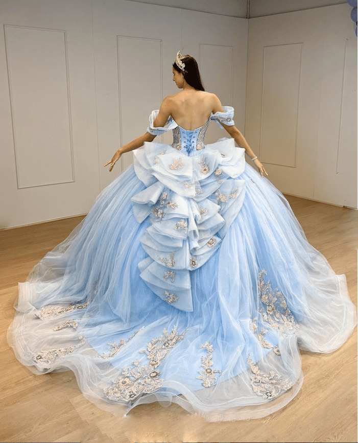 Sky Blue Tulle Off-the-Shoulder Quinceanera Dresses with Bows - Curvevia