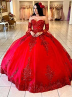 Red Sweetheart Quinceanera Dresses with Long Sleeves - Curvevia