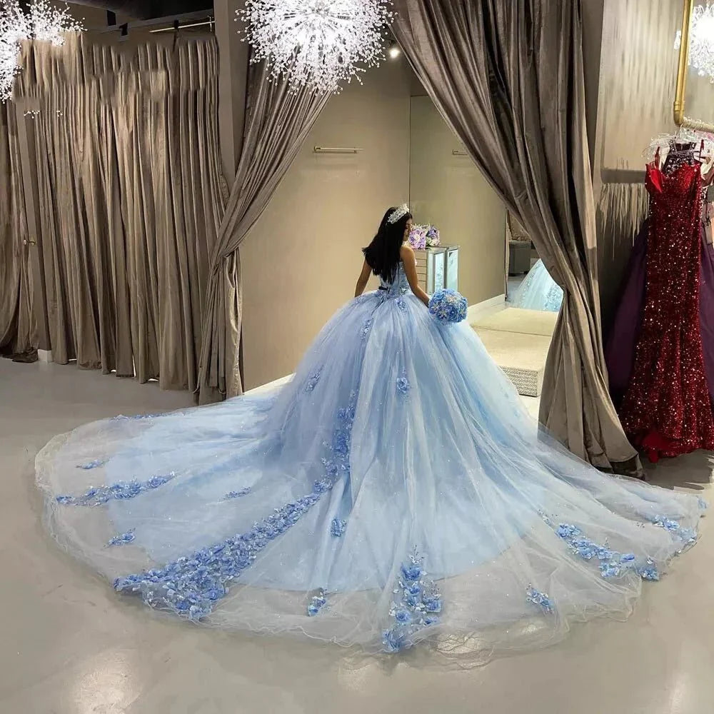 Sky Blue Tulle Ball-Gown Strapless Sleeveless Quinceanera Dresses - Curvevia