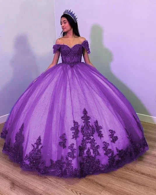 Royal Blue Tulle Off The Shoulder Quinceanera Dress - Curvevia
