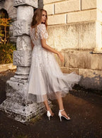 Tea Length Sleeves Ethereal Modern A-Line V-Neck Button Back Wedding Dress - Curvevia