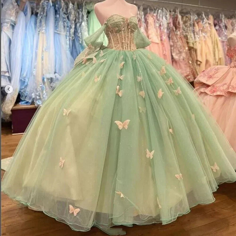 Ball Gown Sage Green Tulle Quinceanera Dress With Butterflies - Curvevia