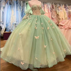 Ball Gown Sage Green Tulle Quinceanera Dress With Butterflies - Curvevia
