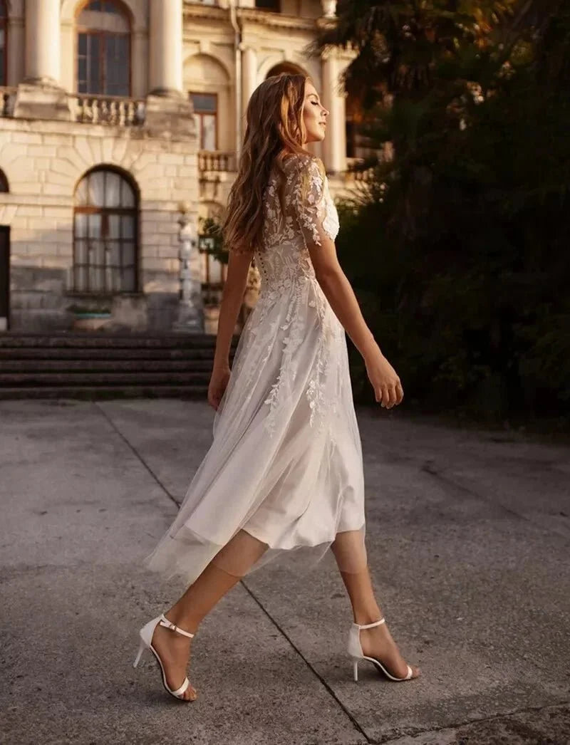 Tea Length Sleeves Ethereal Modern A-Line V-Neck Button Back Wedding Dress - Curvevia