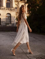 Tea Length Sleeves Ethereal Modern A-Line V-Neck Button Back Wedding Dress - Curvevia