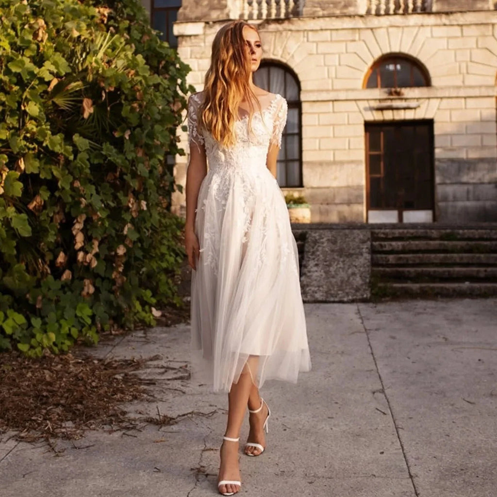 Tea Length Sleeves Ethereal Modern A-Line V-Neck Button Back Wedding Dress - Curvevia