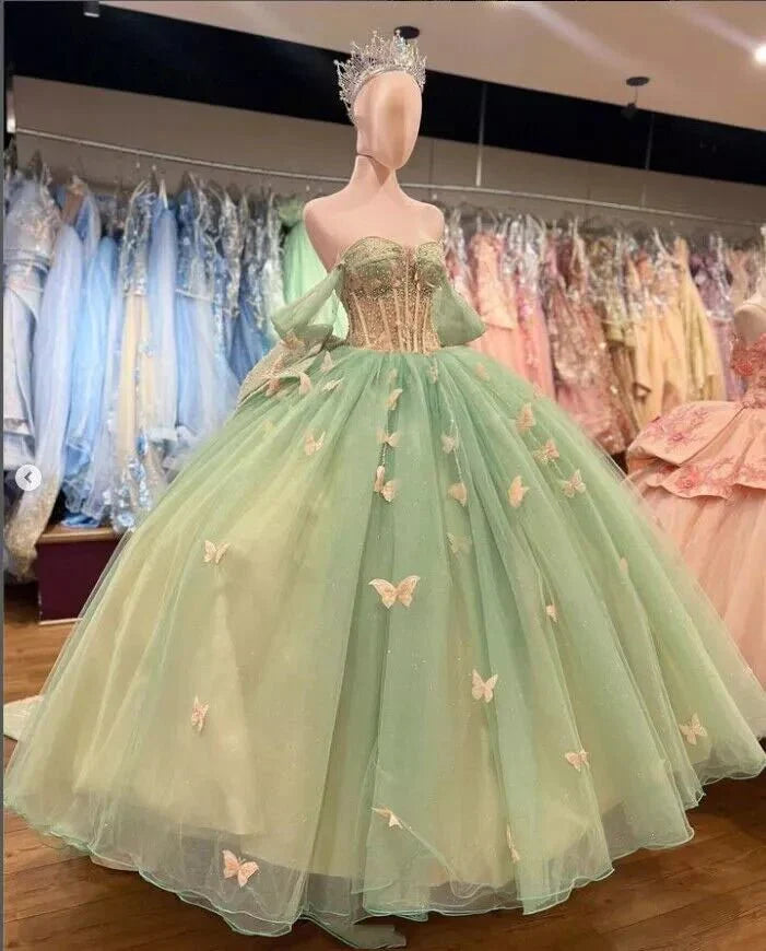 Ball Gown Sage Green Tulle Quinceanera Dress With Butterflies - Curvevia